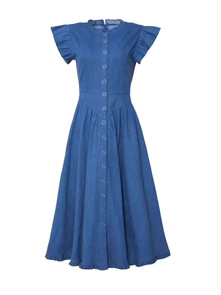 Ruffled cap sleeve button-front tiered denim midi dress