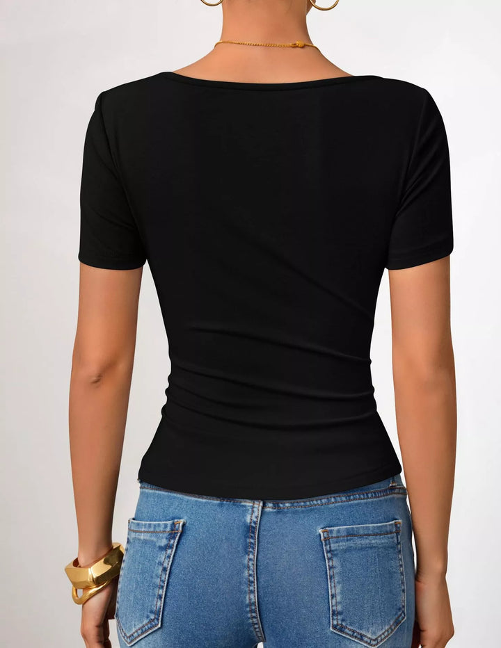 Asymmetrical neckline fitted tee with side ruching