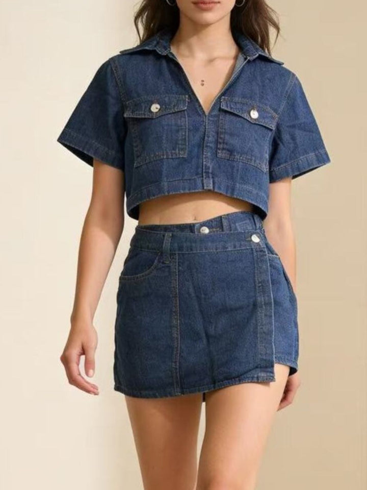 Cropped denim button-up top and mini skort set
