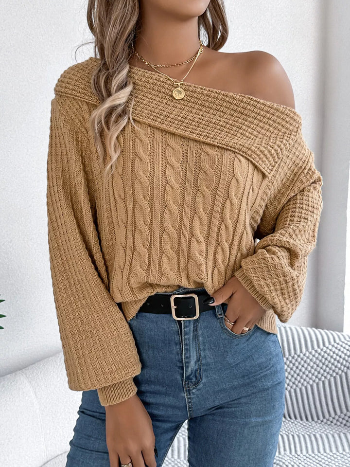 Cable knit one-shoulder sweater with fold-over ribbed collar