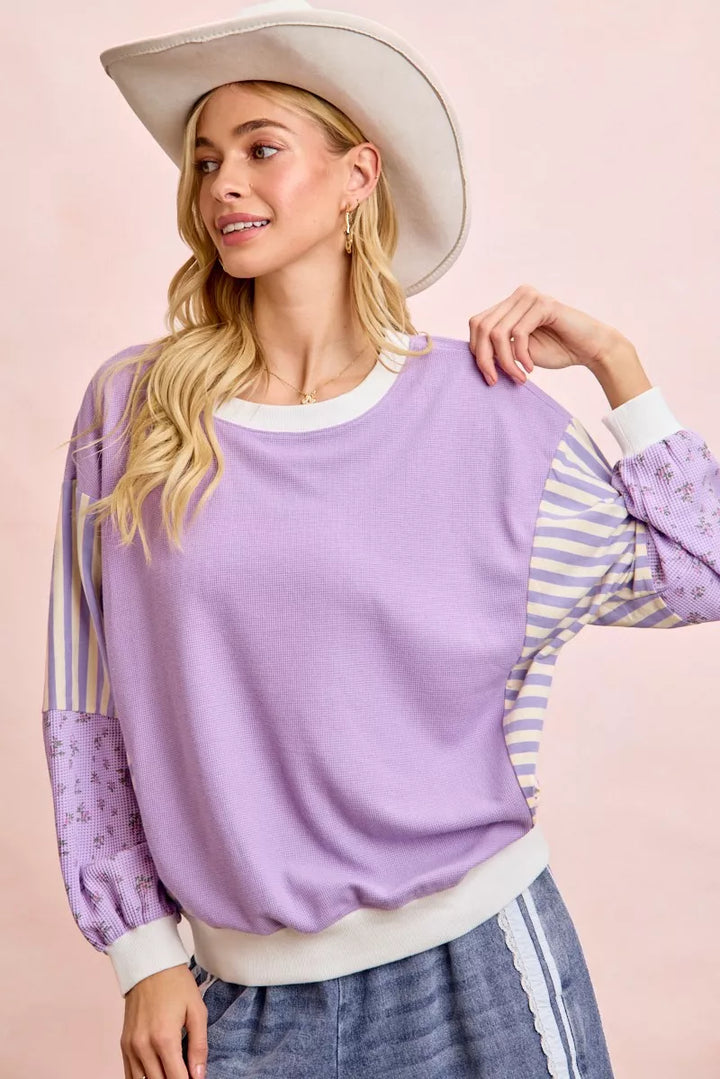 Mix-print waffle knit sweatshirt with striped and floral sleeves