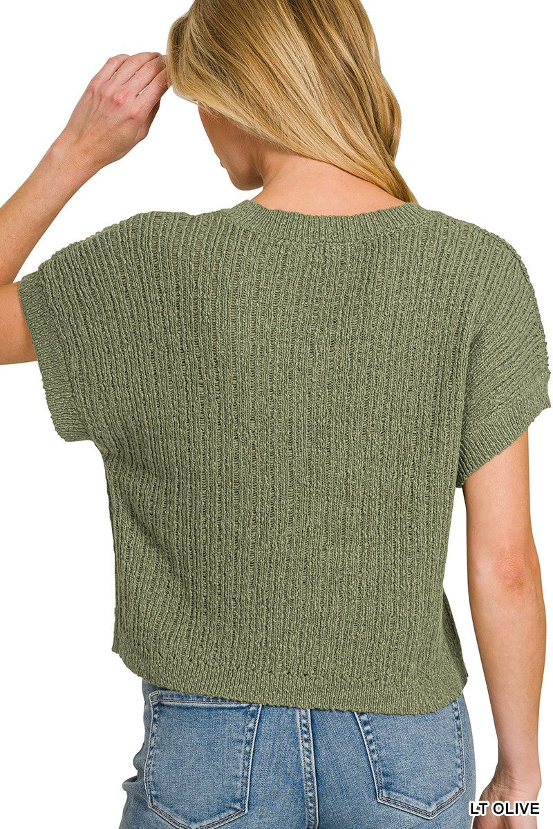 Textured knit V-neck crop sweater with short sleeves