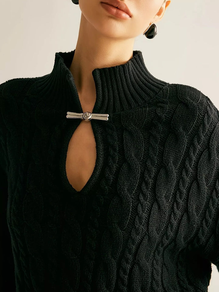 Cable-knit mock neck sweater with keyhole cutout