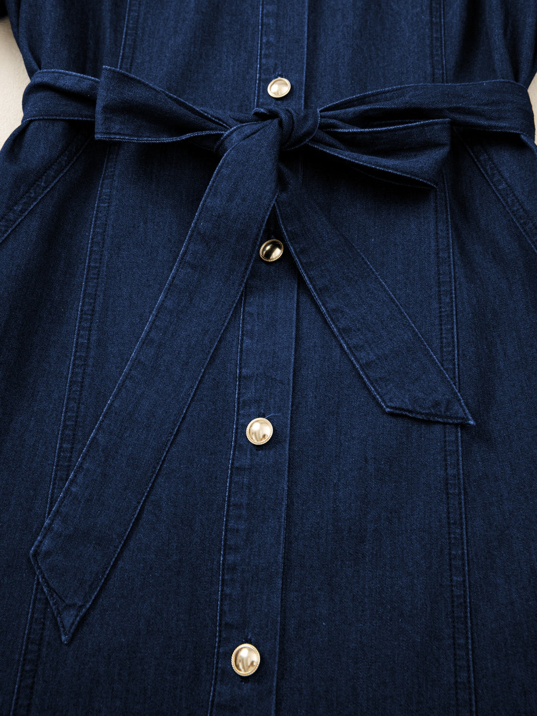 Puff sleeve button-down midi denim dress with tie belt