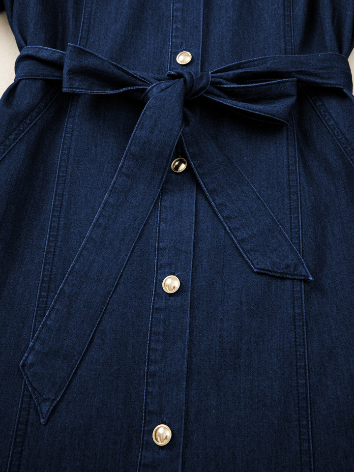 Puff sleeve button-down midi denim dress with tie belt