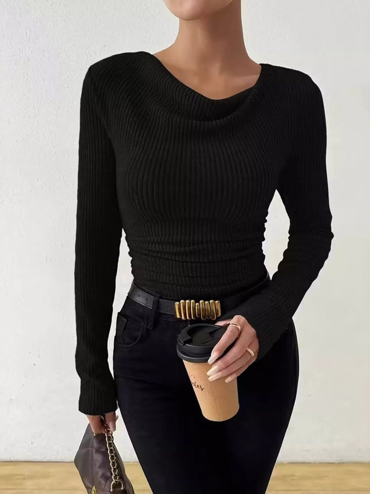 Ribbed knit cowl neck top with ruched sides