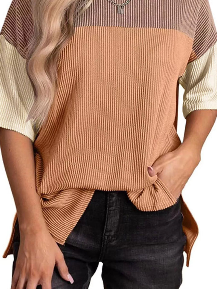 Ribbed color block short sleeve top with side slits