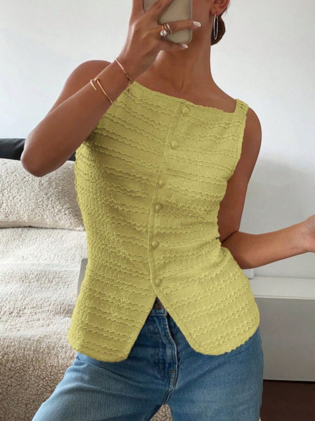 Textured button-front tank with square neck and split hem
