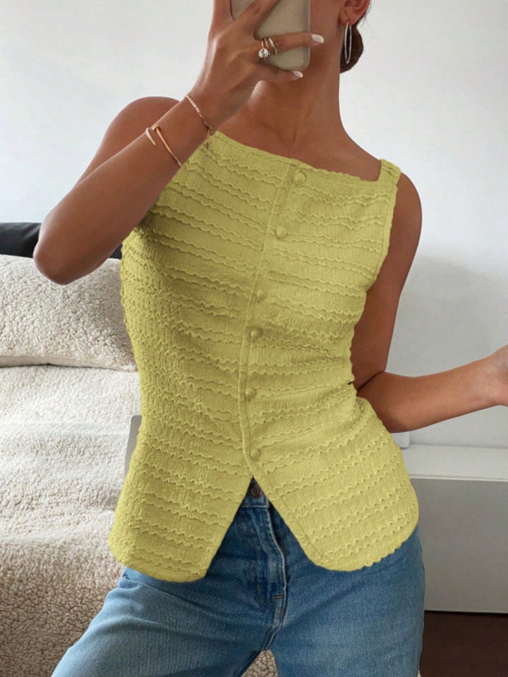 Textured button-front tank with square neck and split hem