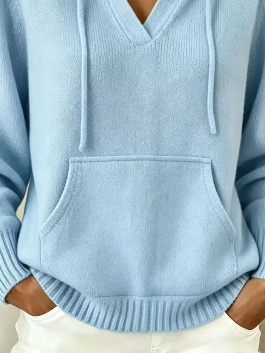 Drawstring hooded knit pullover with kangaroo pocket