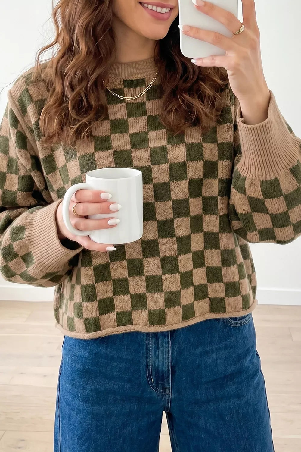 Taupe Checkerboard knit drop shoulder crew neck sweater