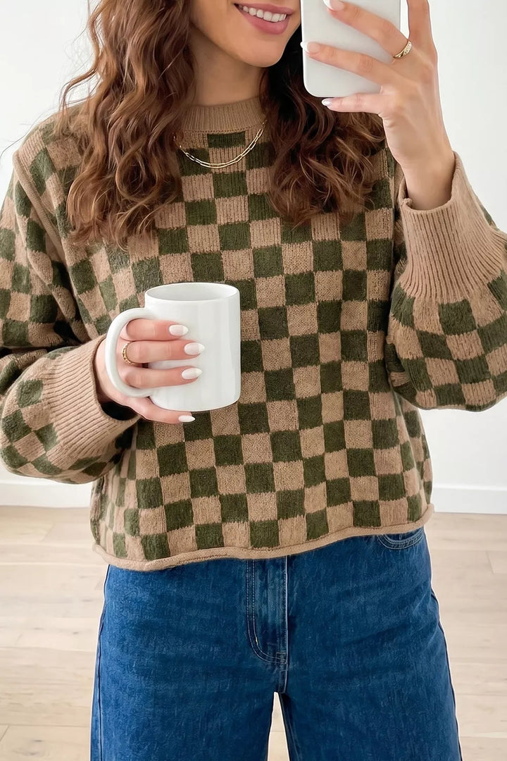 Taupe Checkerboard knit drop shoulder crew neck sweater