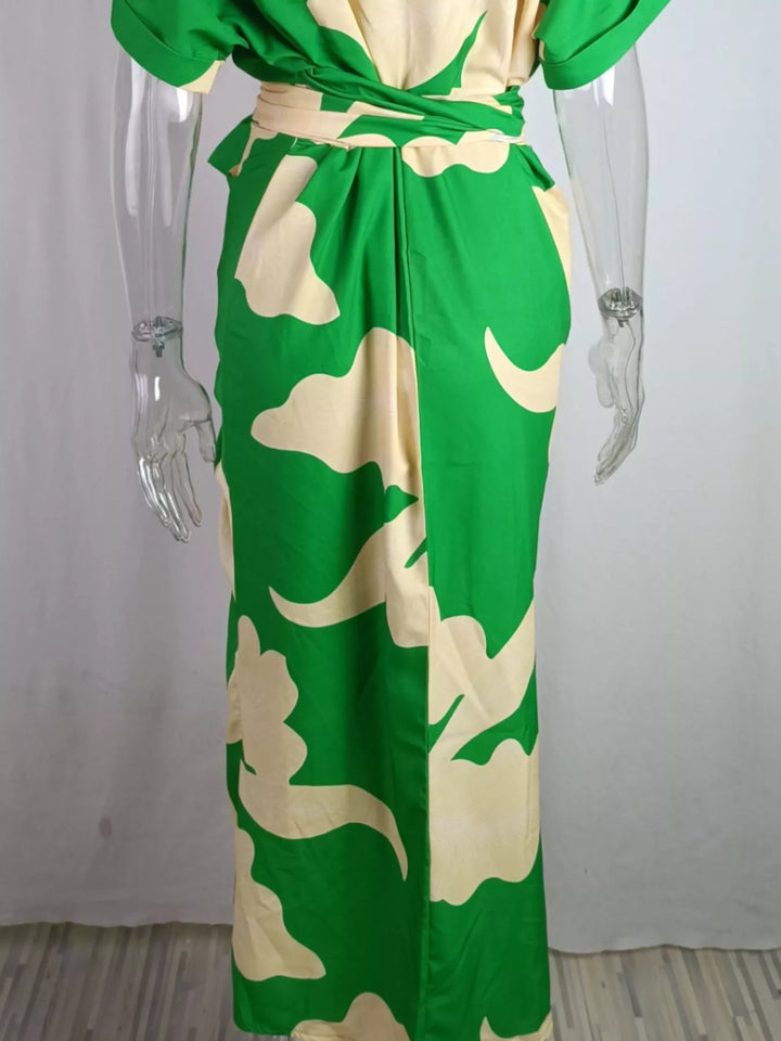 Abstract print short sleeve maxi shirt dress