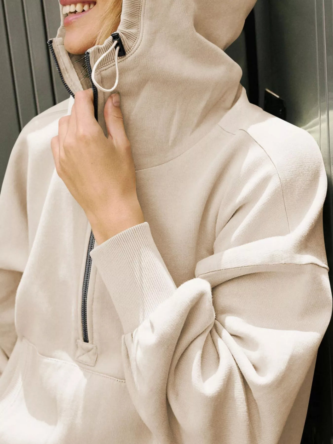 Half-zip hoodie with dropped shoulders and kangaroo pocket