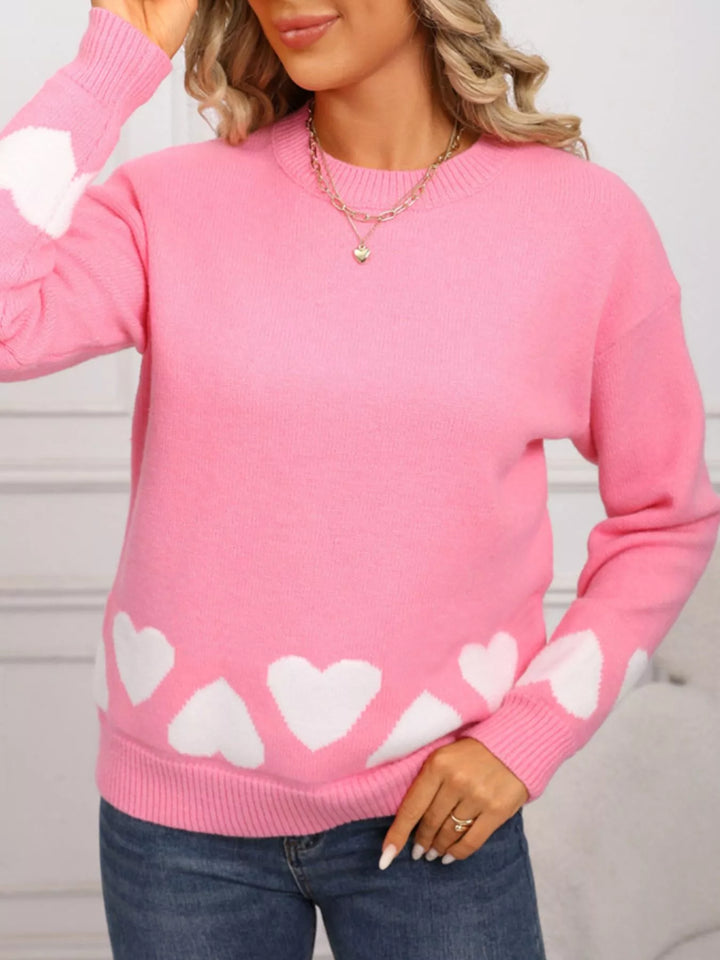 Heart pattern crew neck knit pullover sweater