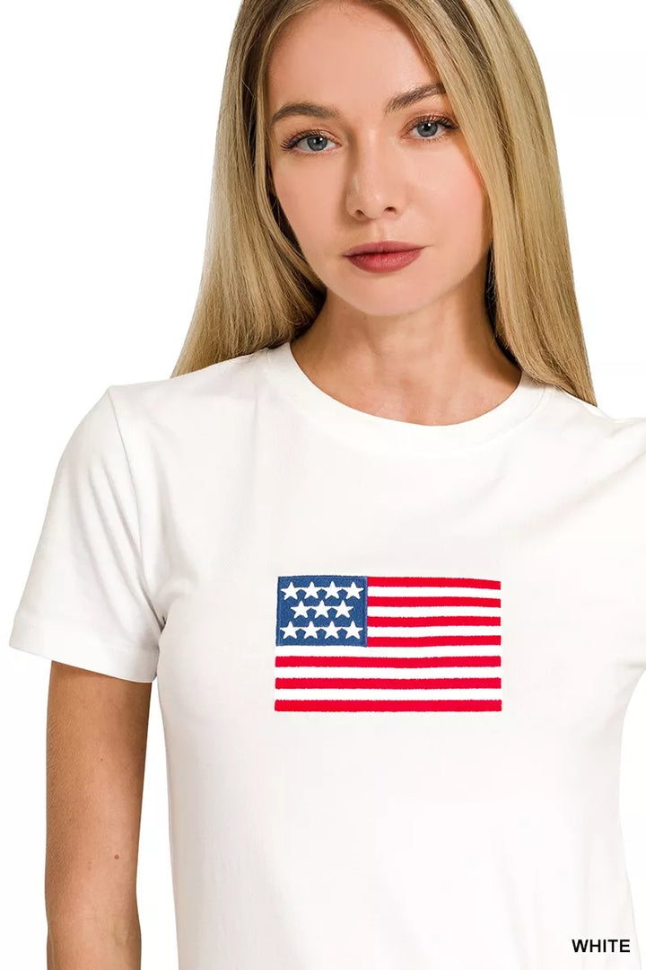 Embroidered American flag graphic crew neck tee