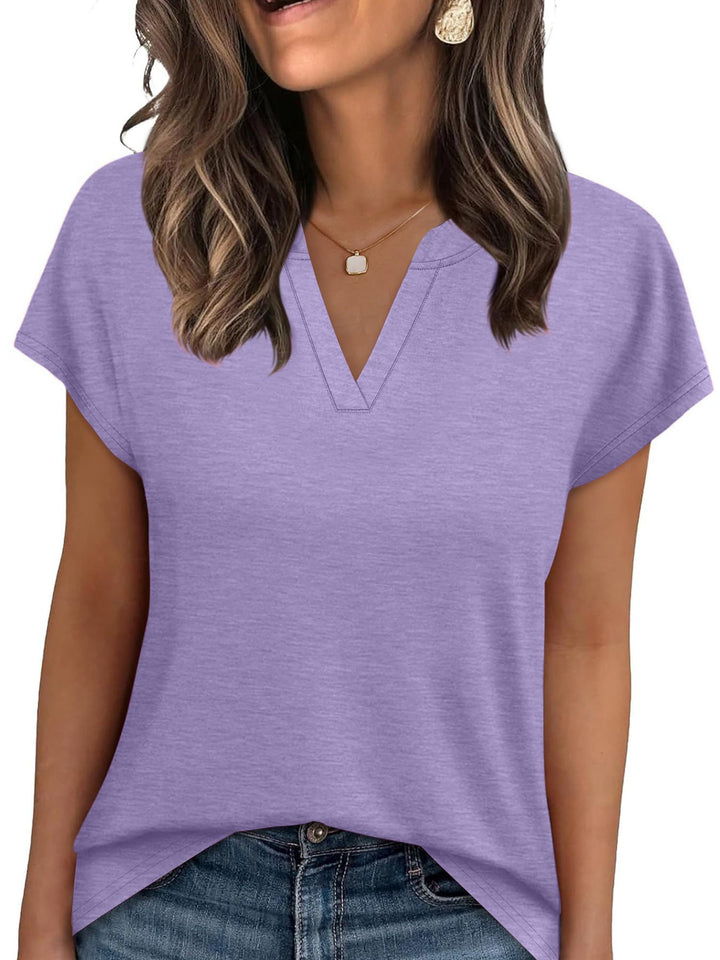 Purple Notched V-neck short sleeve relaxed knit top