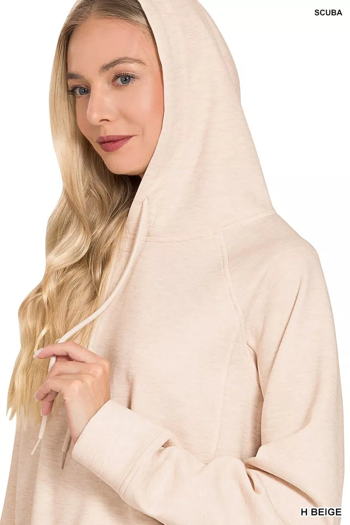 Cropped scuba knit pullover hoodie with drawstring
