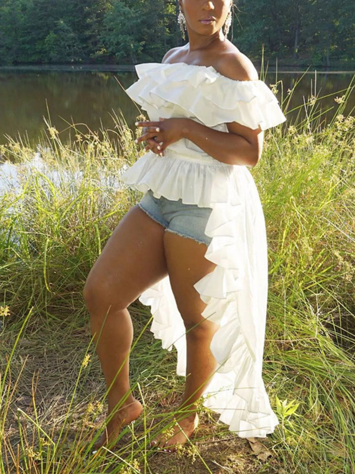 White Tiered ruffle off-shoulder high-low blouse