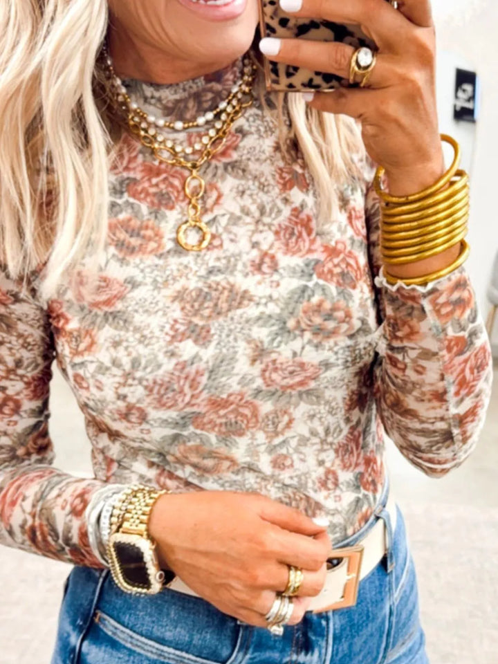Sheer floral mesh mock neck long sleeve top