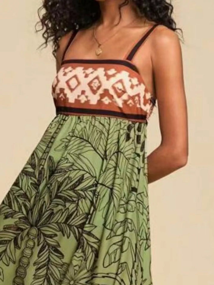 Tropical folk print square neck tiered maxi dress
