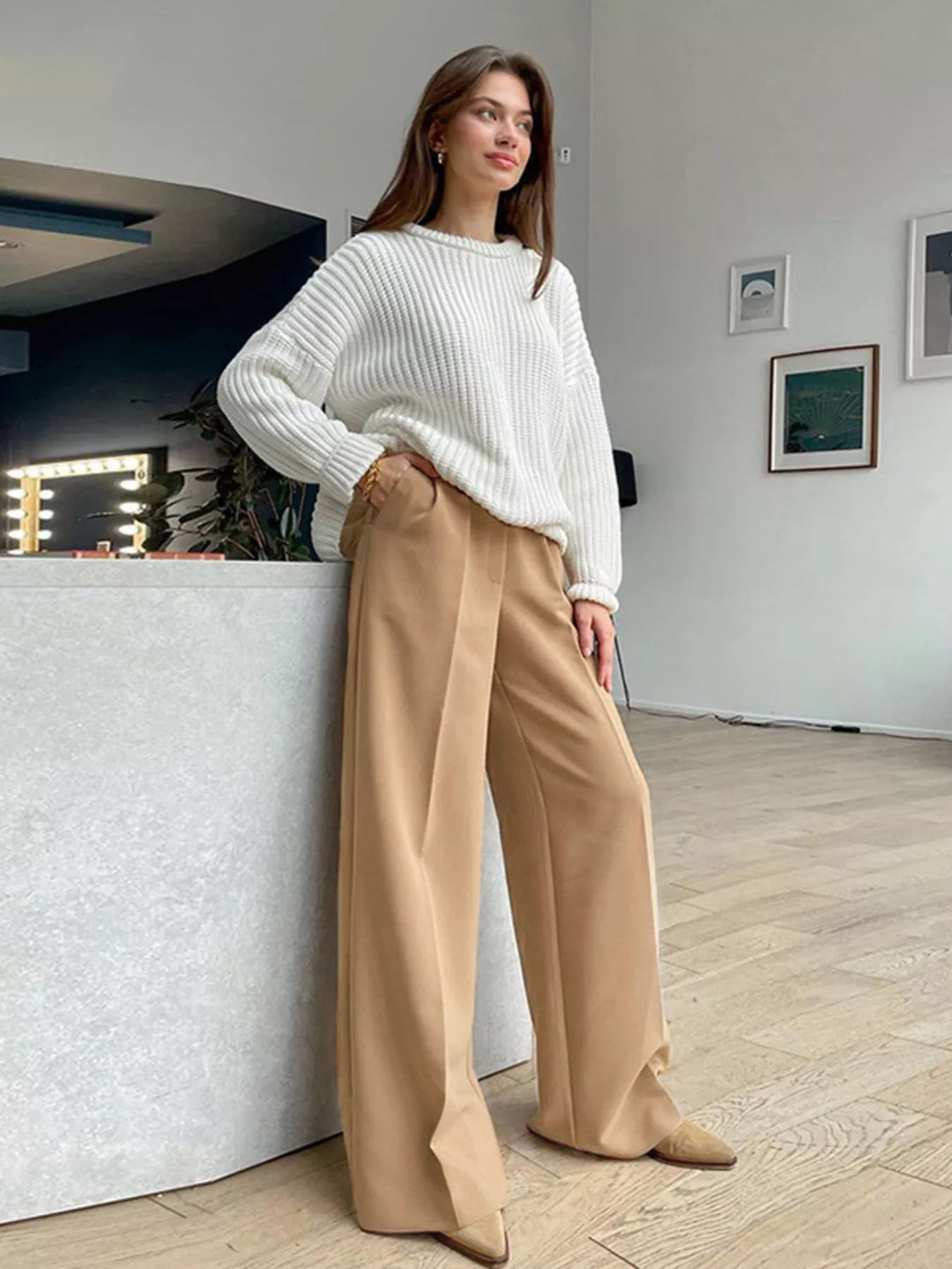 Pleated wide-leg dress pants with high-rise waist