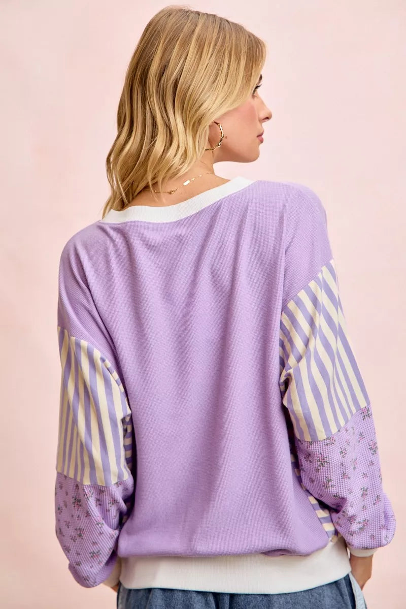 Mix-print waffle knit sweatshirt with striped and floral sleeves