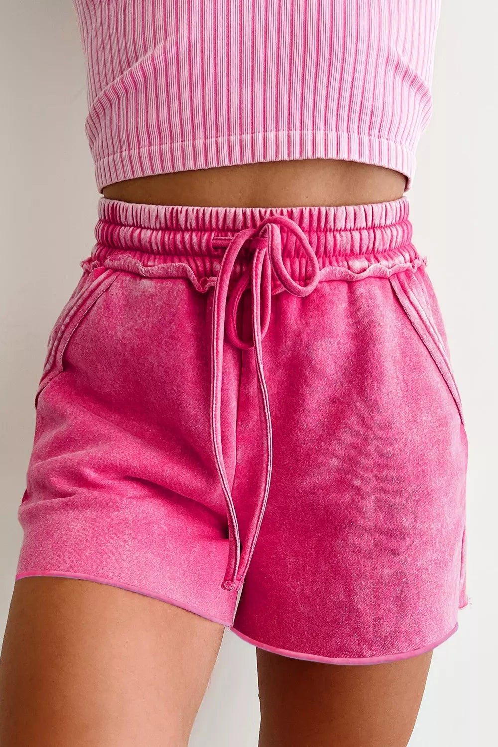 Acid-wash cotton drawstring shorts with side pockets