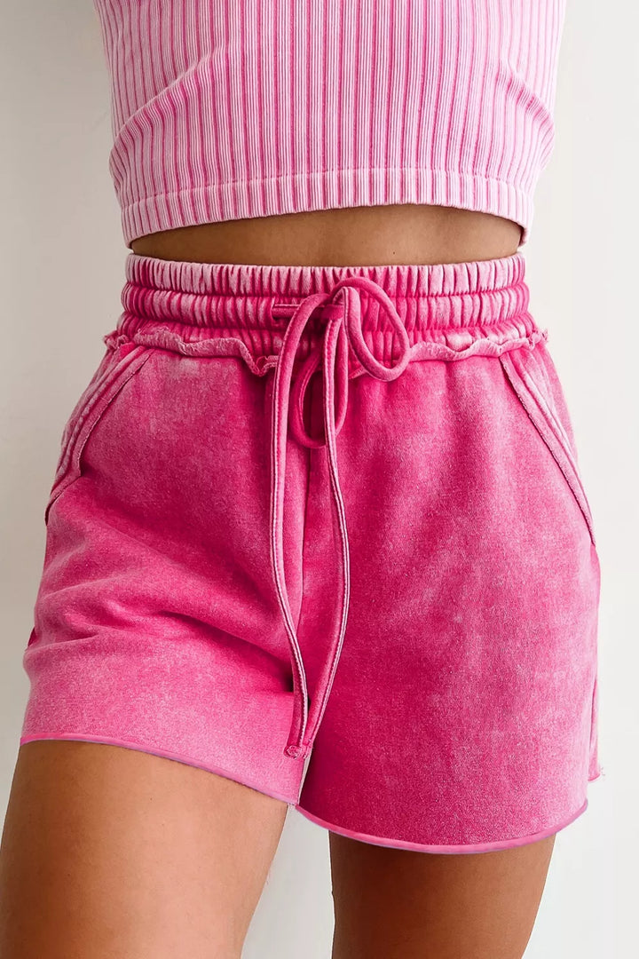 Acid-wash cotton drawstring shorts with side pockets
