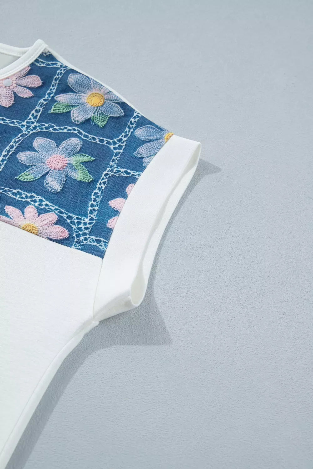 Embroidered floral denim yoke button henley top
