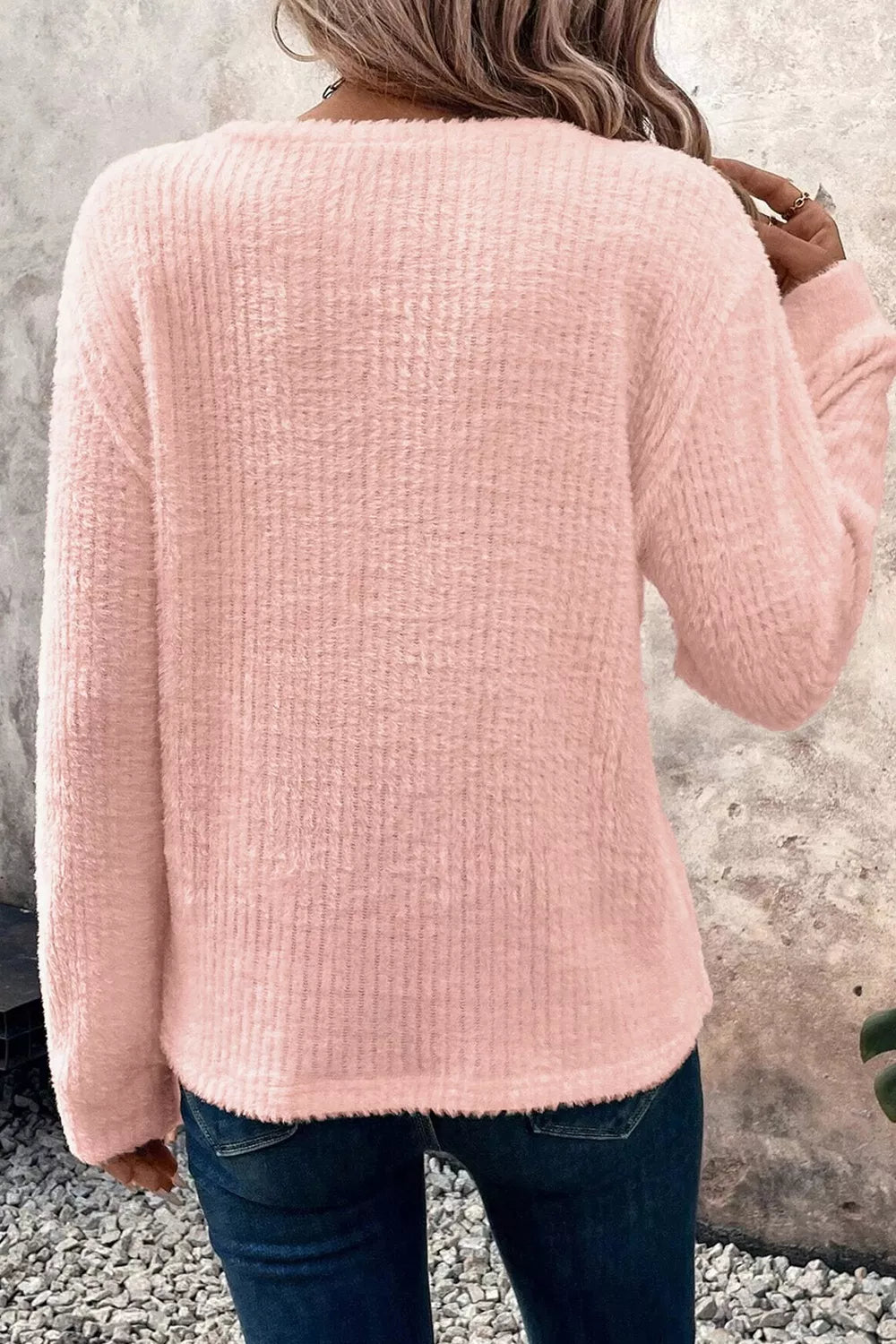Fuzzy ribbed knit round neck long sleeve top