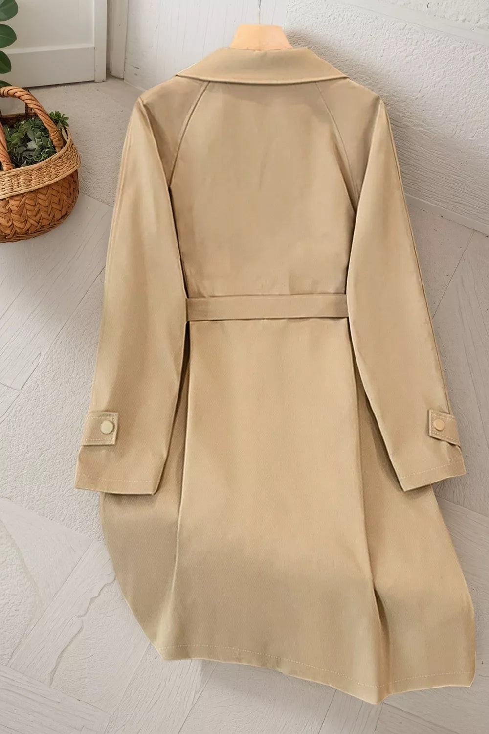 Wide lapel belted trench coat with epaulette tabs