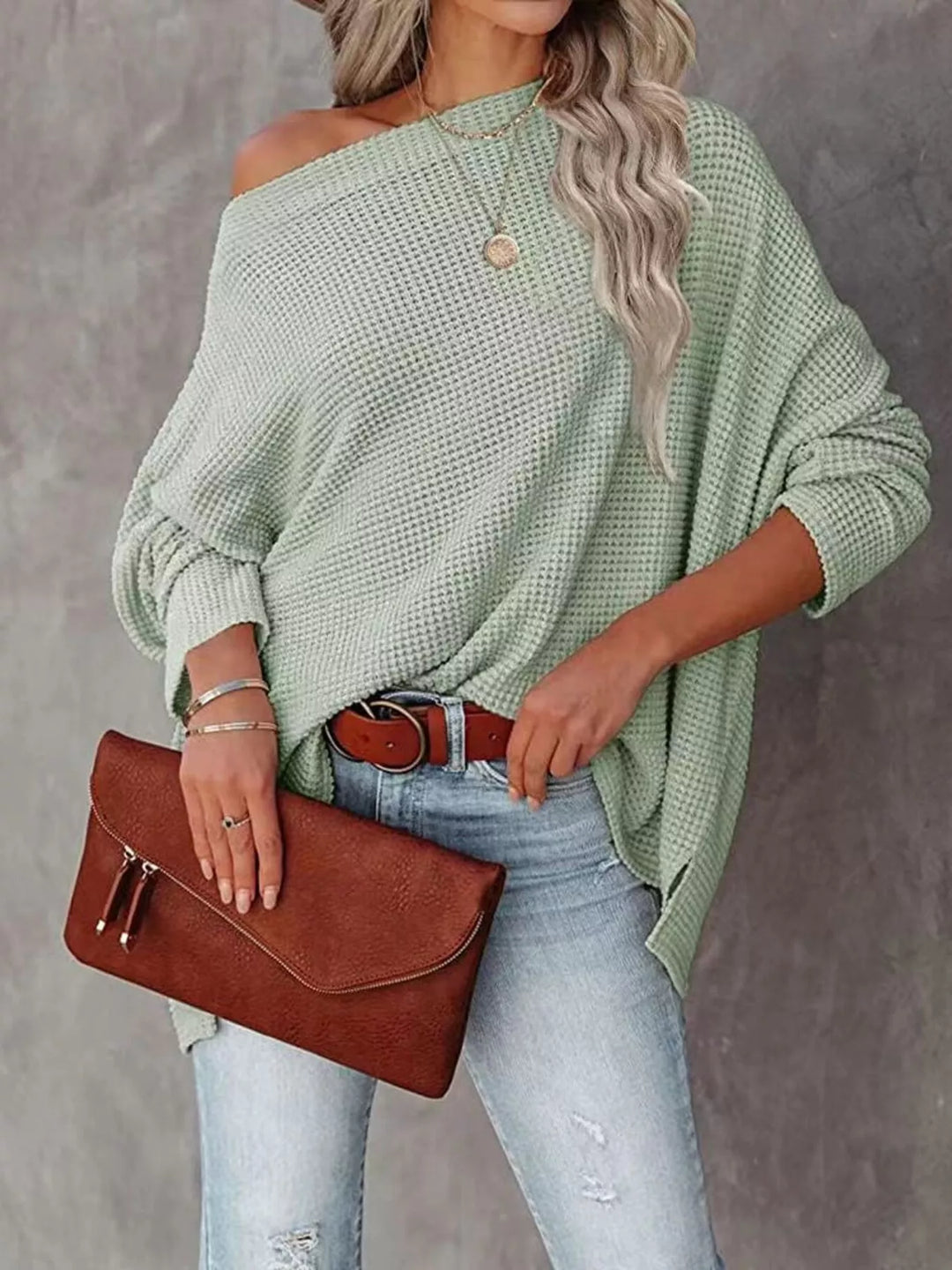 Oversized waffle-knit boat neck long sleeve top