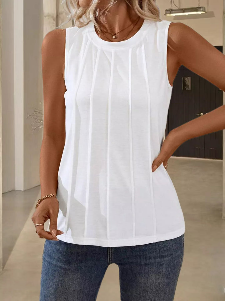 Pintuck pleated round neck sleeveless tank top