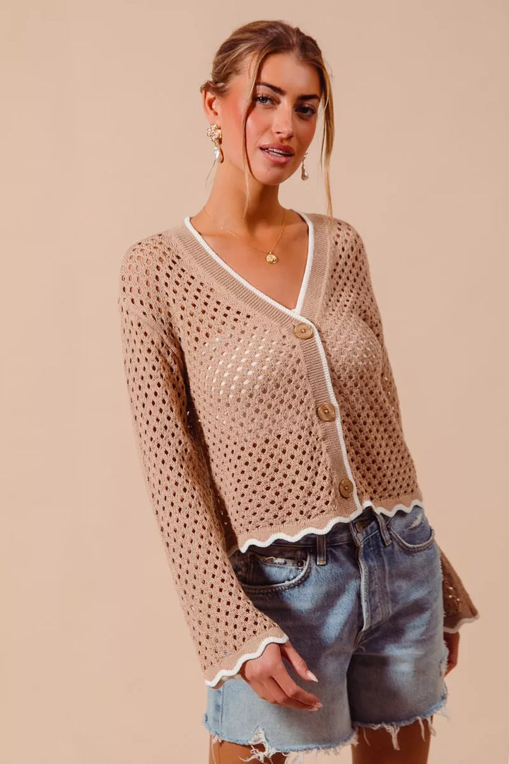 Open knit button-front cardigan with scallop contrast trim