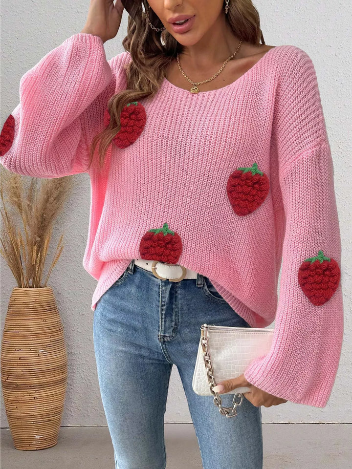 Strawberry applique ribbed knit oversized pullover sweater