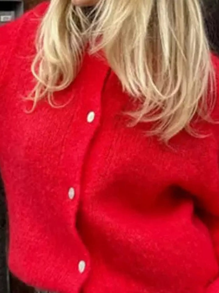 Button-front brushed knit cardigan with ribbed trim