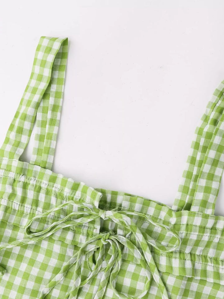 Smocked gingham tie-front cami with adjustable straps