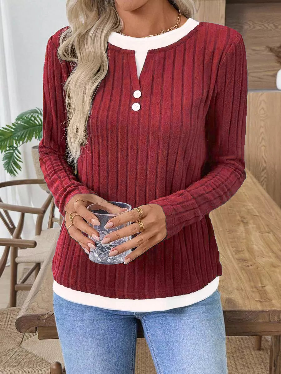Ribbed knit long sleeve henley with contrast trim