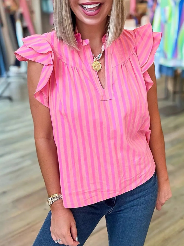 Fuchsia Pink Striped split-neck ruffle-sleeve summer blouse
