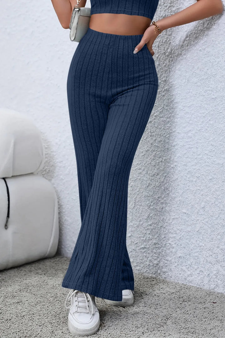Ribbed knit high-waist flare pants with pull-on waist