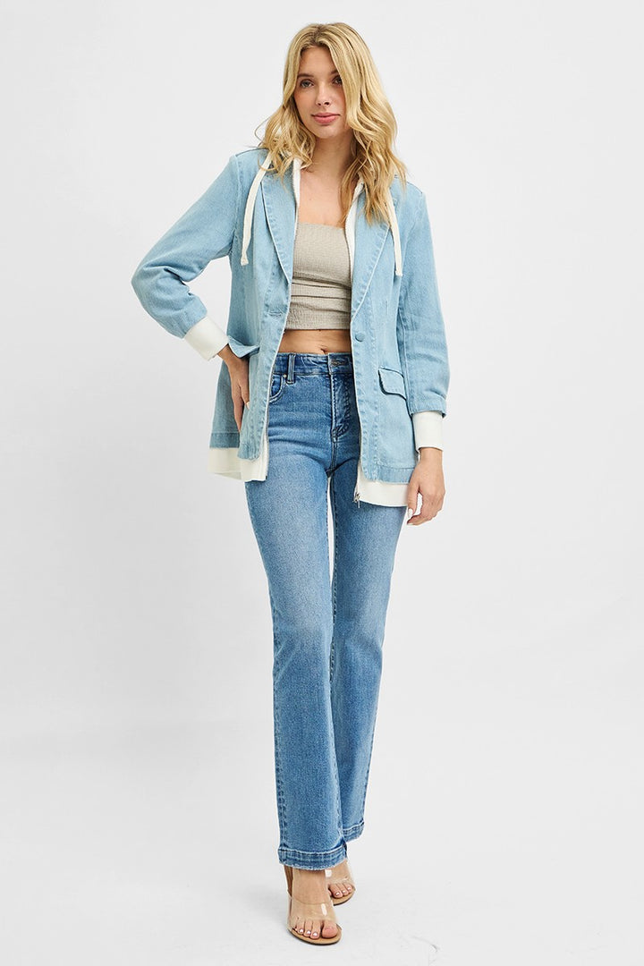 One-button denim blazer with layered zip-up hoodie