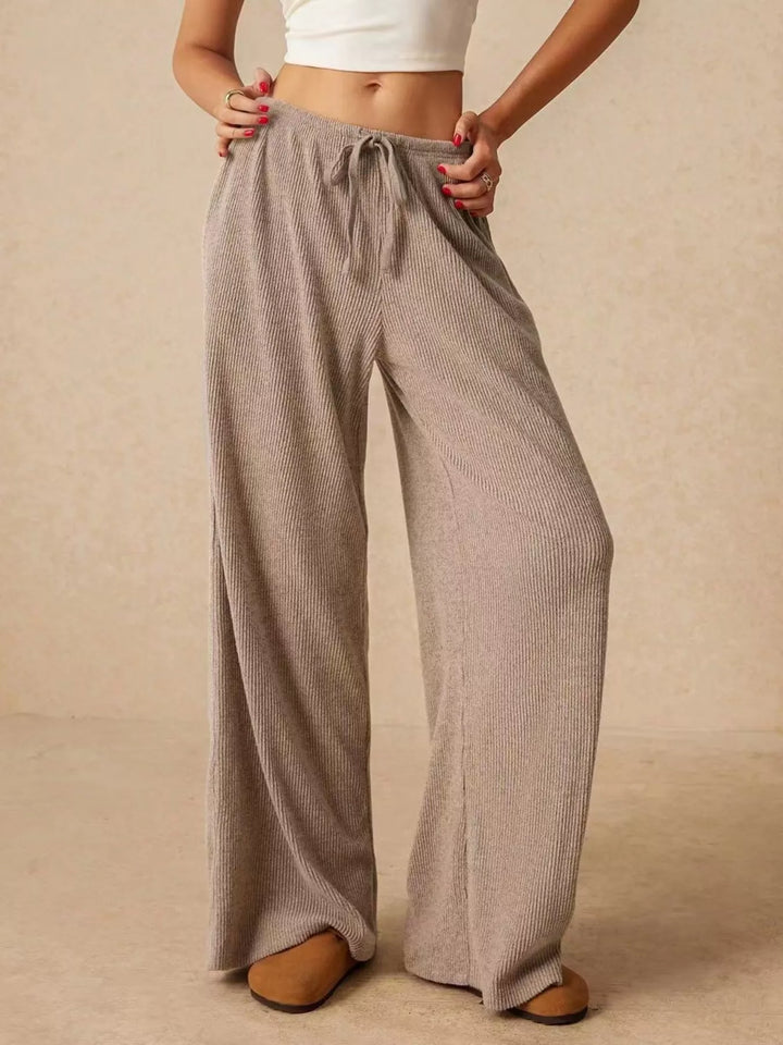 Khaki Ribbed knit wide leg drawstring lounge pants