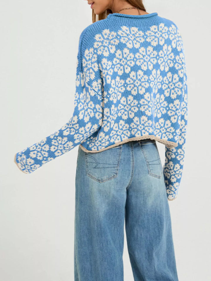 Floral knit dropped shoulder sweater with contrast trim