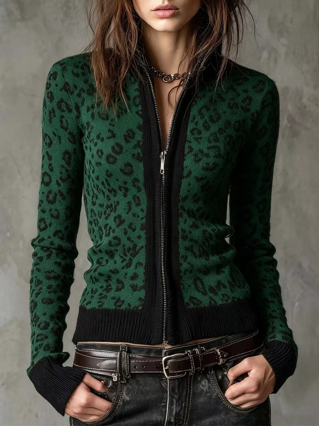 Dark Green Leopard print zip-up knit cardigan with ribbed trim