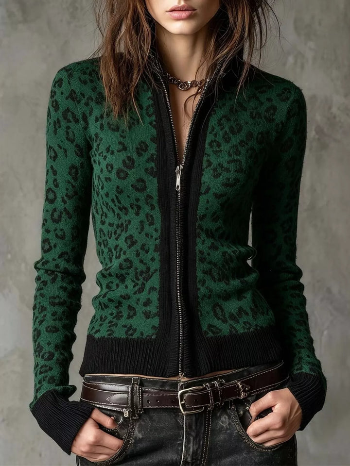 Dark Green Leopard print zip-up knit cardigan with ribbed trim