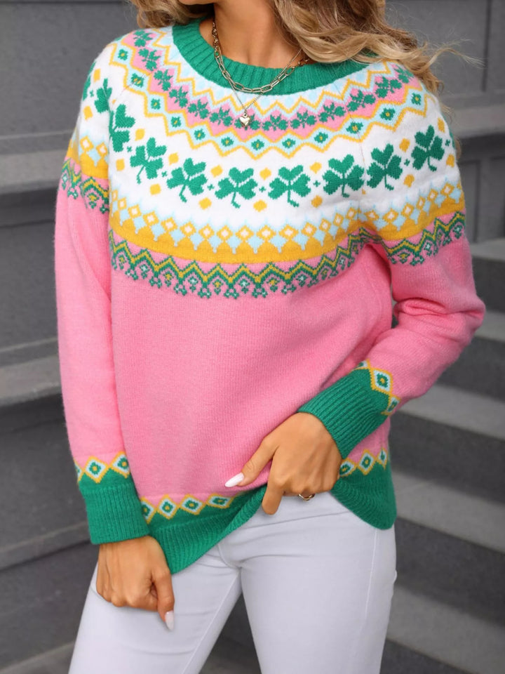 Clover pattern Fair Isle round neck knit sweater