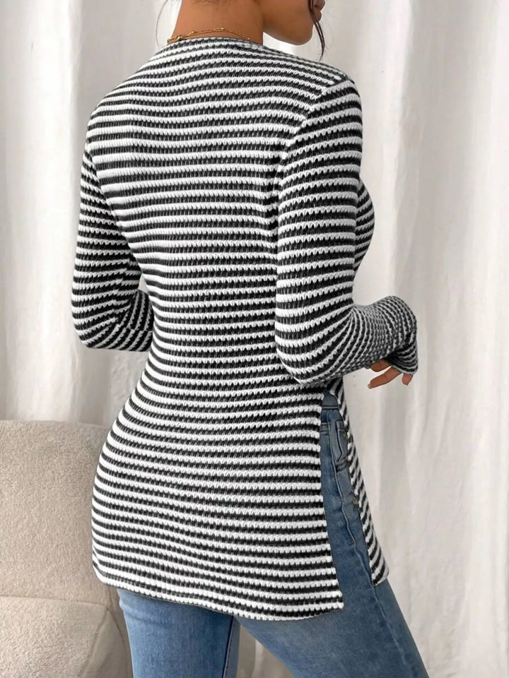 Slit-hem striped textured knit long sleeve top