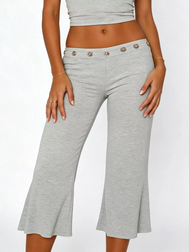 Mid-rise wide-leg capri pants with gold-button waistband