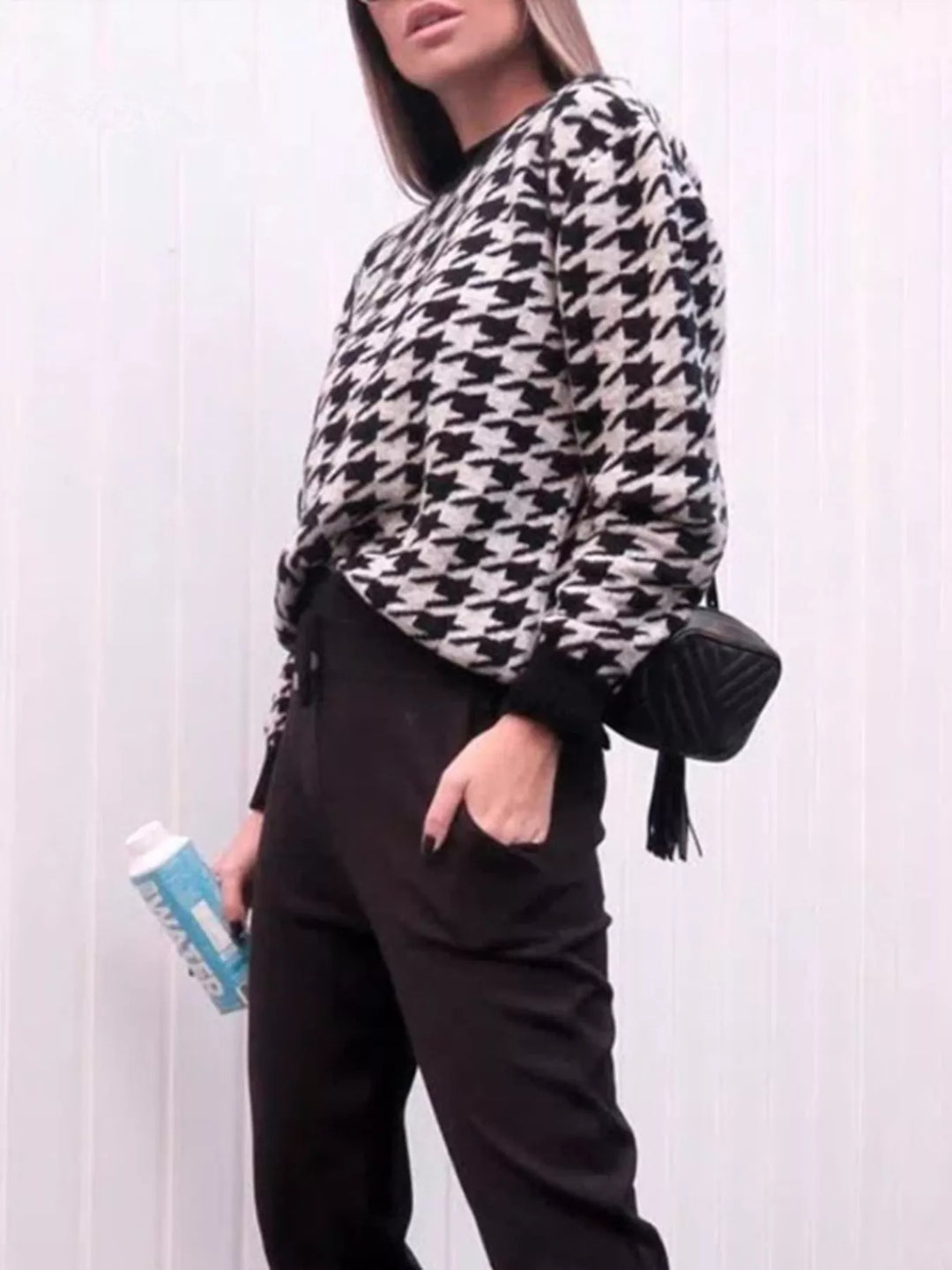 Houndstooth oversized crewneck knit sweater
